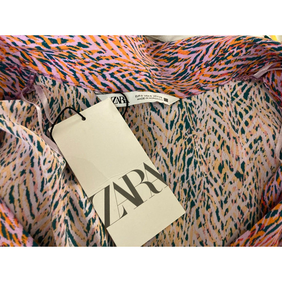 Zara NEW Orange Pink Green Printed Stripe Crop Blouse w/ Wooden Buckle Size S - Picture 4 of 4